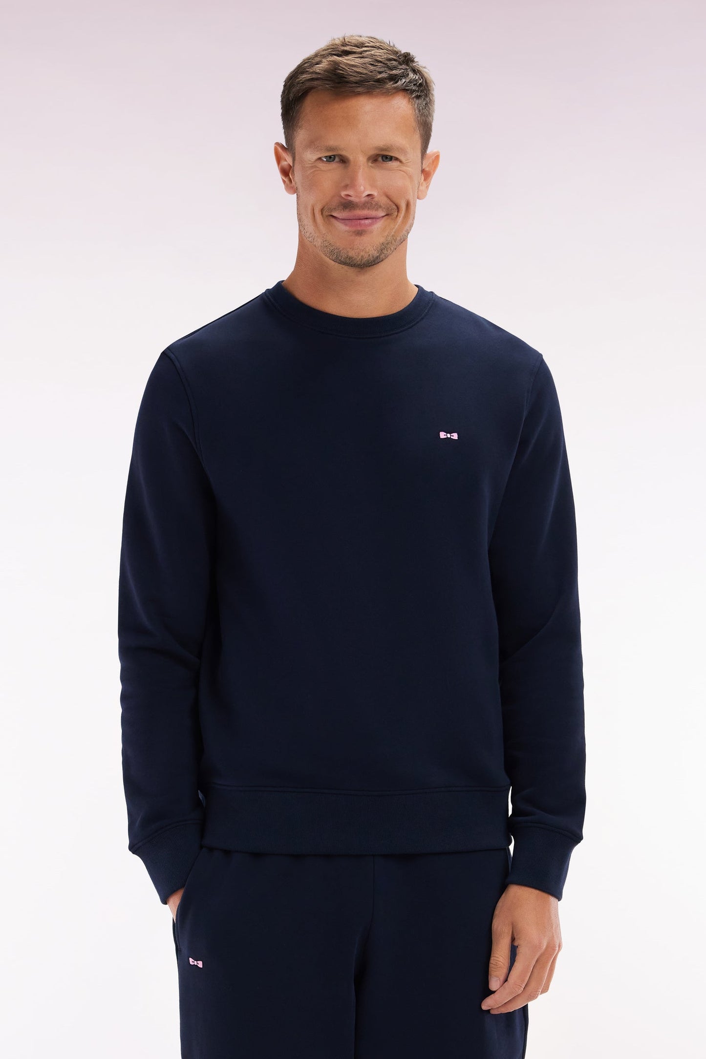 Sweatshirt en molleton coton marine coupe droite et col rond