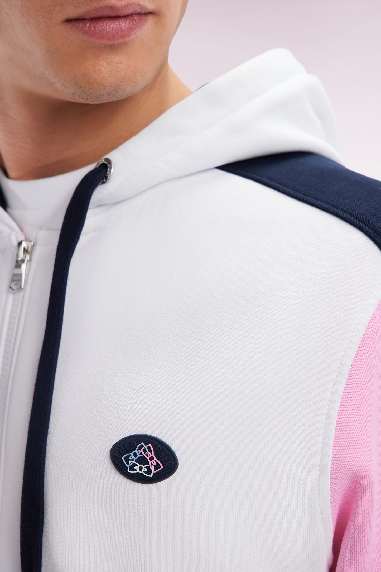 Sweatshirt zippé en molleton coton colorblock blanc coupe droite