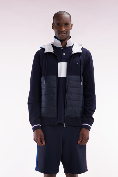 Sweatshirt zippé bimatière en molleton coton marine à parmenture matelassée coupe droite - Image 1
