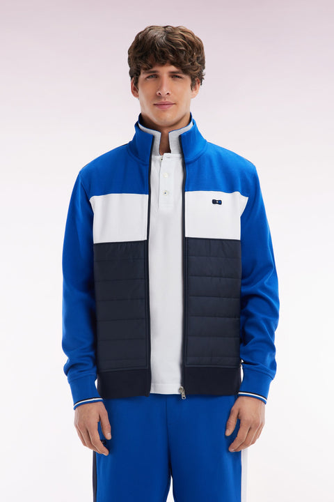 Sweatshirt zippé bimatière en molleton coton stretch marine parmenture matelassée coupe droite - Image 1