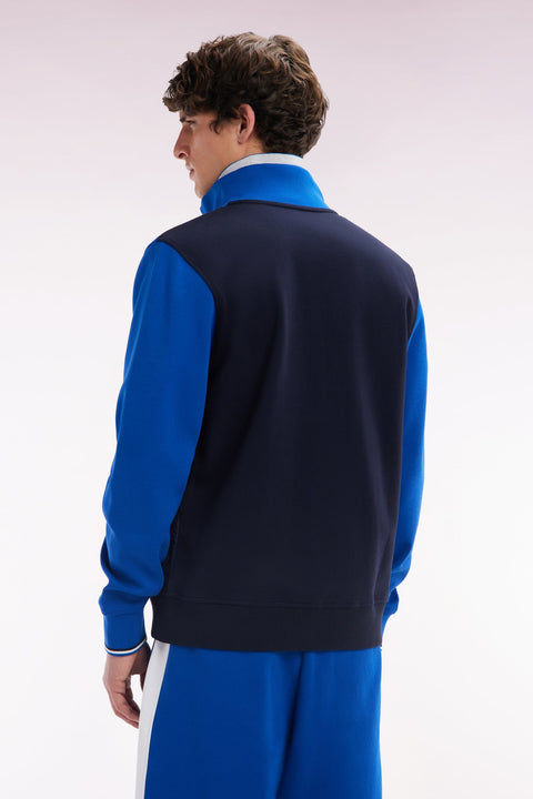 Sweatshirt zippé bimatière en molleton coton stretch marine parmenture matelassée coupe droite - Image 3
