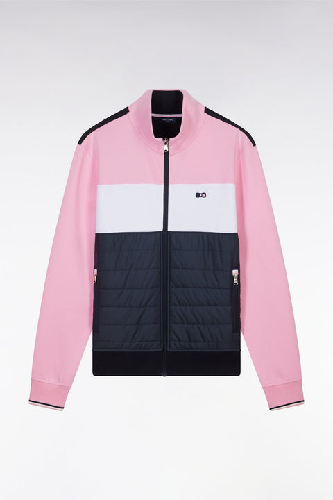 Sweatshirt zippé bimatière en molleton coton stretch rose parmenture matelassée coupe droite - Image 2