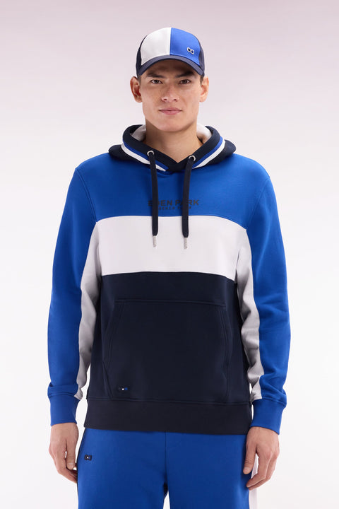 Sweatshirt à capuche en molleton coton tricolore bleu coupe décontractée - Image 1