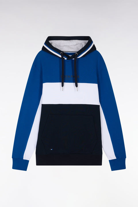 Sweatshirt à capuche en molleton coton tricolore bleu coupe décontractée - Image 2