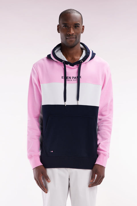 Sweatshirt à capuche en molleton coton tricolore rose coupe décontractée - Image 1