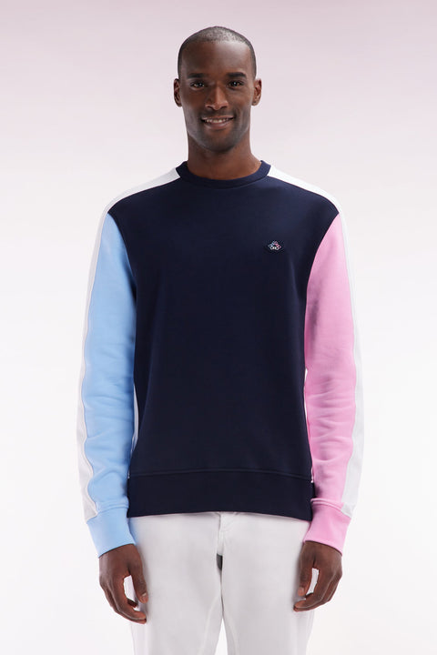 Sweatshirt tricolore en molleton coton marine coupe droite - Image 1