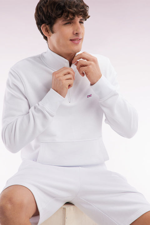 Sweatshirt à col zippé en coton blanc coupe droite - Image 2
