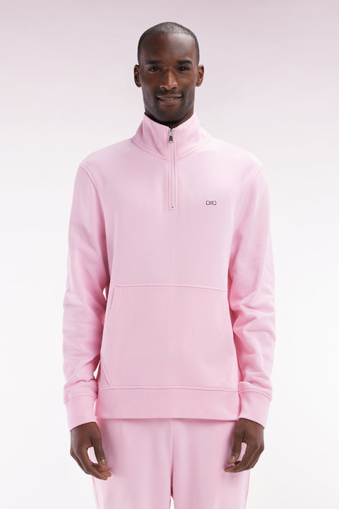 Sweatshirt à col zippé en coton rose coupe droite - Image 1