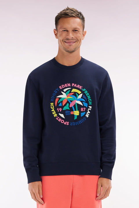 Sweatshirt en coton marine broderie palmiers multicolore coupe décontractée - Image 1