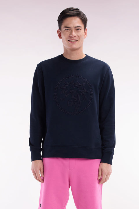Sweatshirt en molleton coton marine broderie palmier ton sur ton coupe décontractée - Image 1
