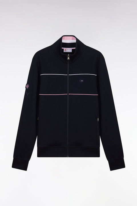 Sweatshirt zippé en coton stretch marine passepoil contrastés coupe droite - Image 2