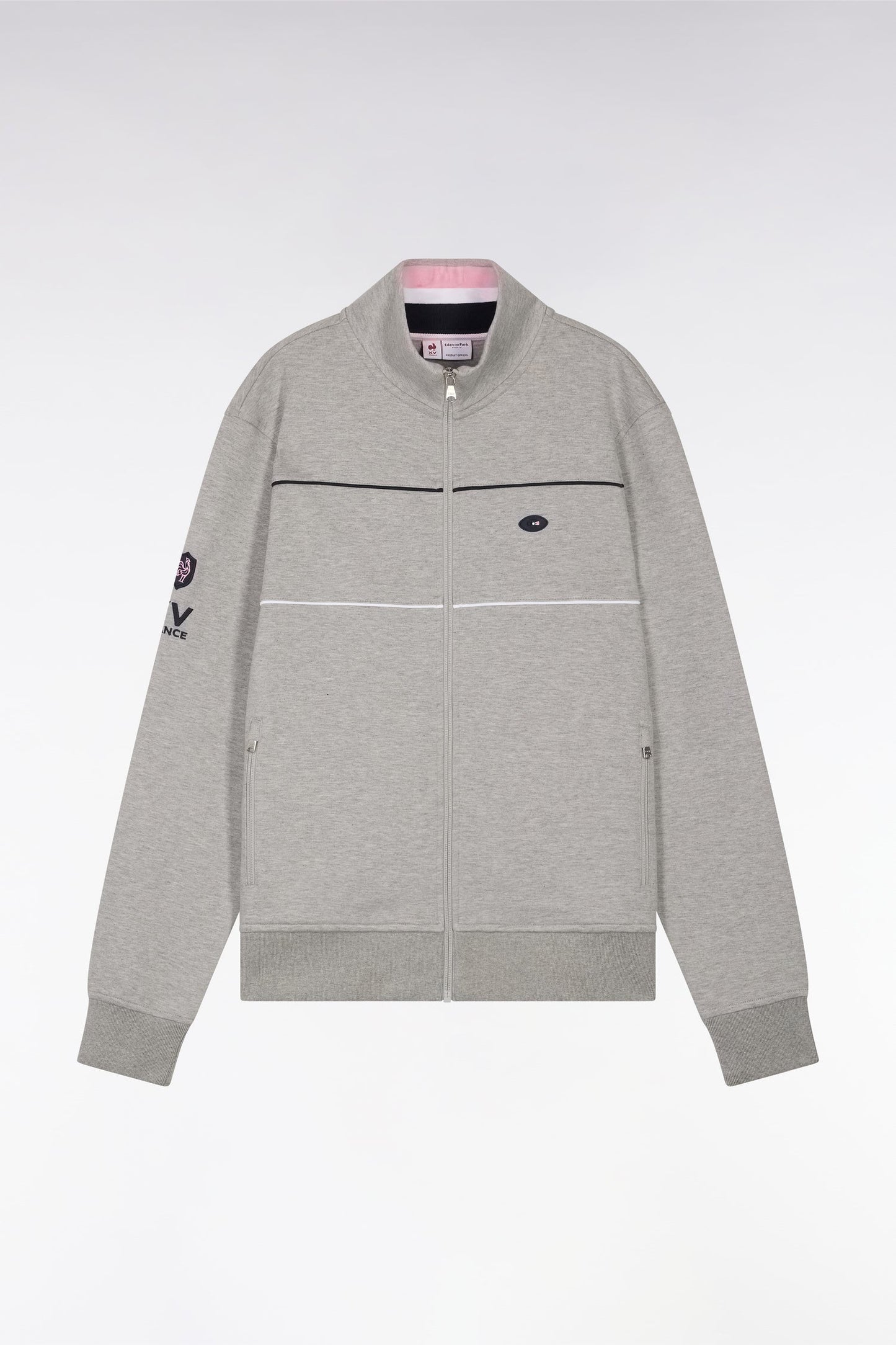 Sweatshirt zippé en coton stretch gris passepoil contrastés coupe droite