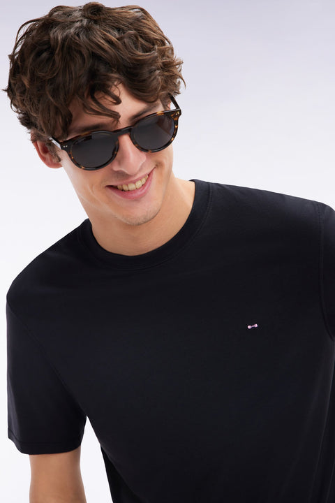 T-shirt noir uni en lyocell et coton coupe droite - Image 3