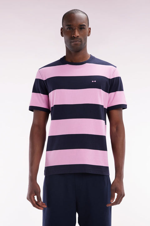 T-shirt cerclé en coton Pima marine et rose coupe droite - Image 1