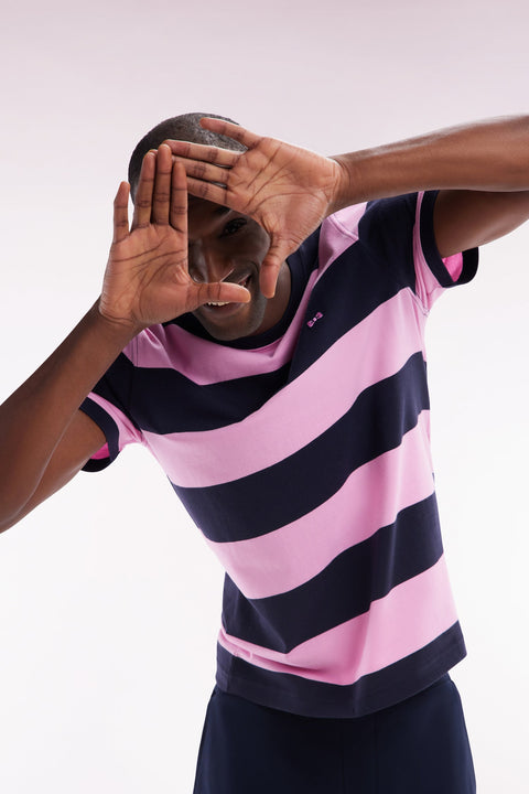 T-shirt cerclé en coton Pima marine et rose coupe droite - Image 3