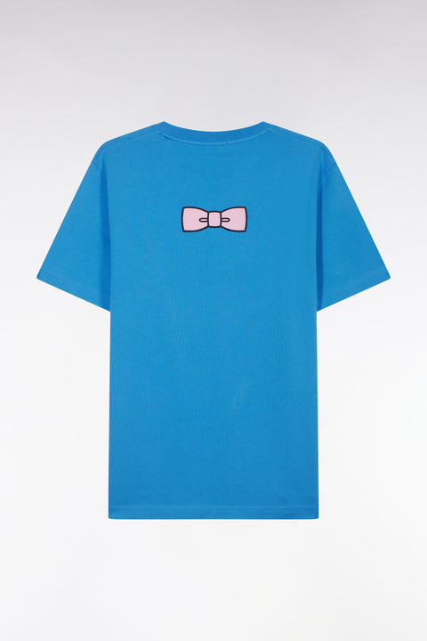 T-shirt en coton Pima bleu broderie dos coupe droite - Image 2