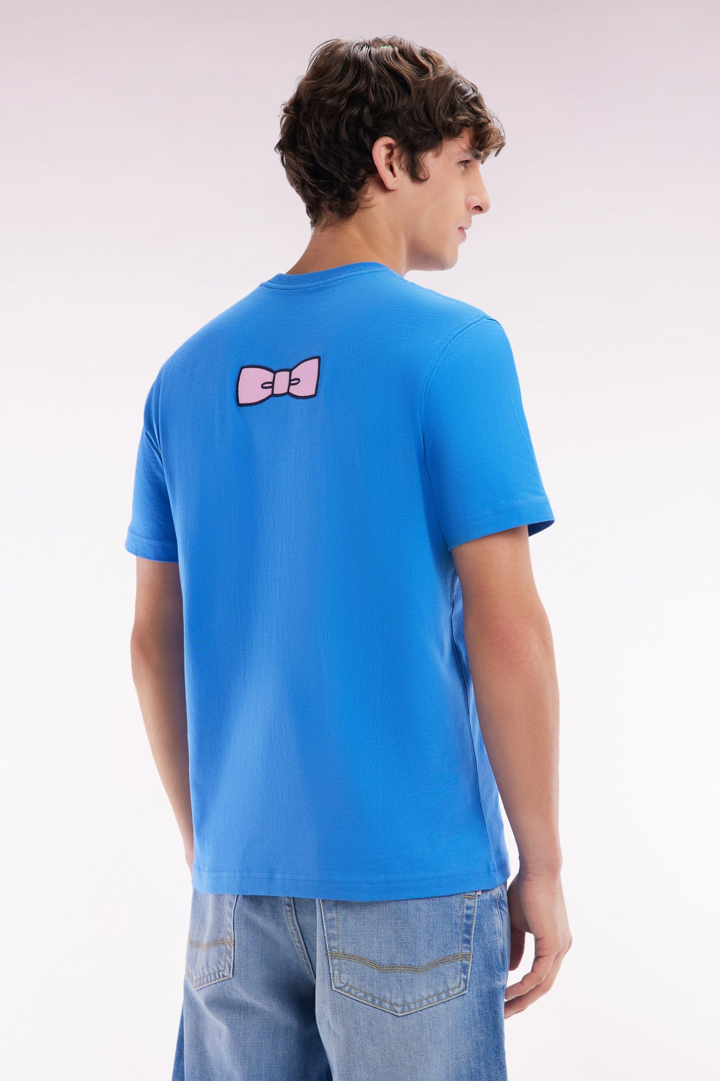 T-shirt en coton Pima bleu broderie dos coupe droite
