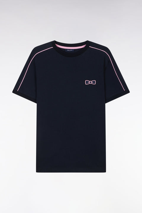 T-shirt en coton marine à passepoil et broderie roses coupe droite - Image 2