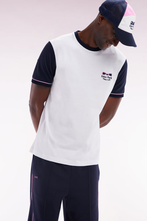T-shirt bicolore en coton blanc broderie Eden Park French Flair coupe droite - Image 3