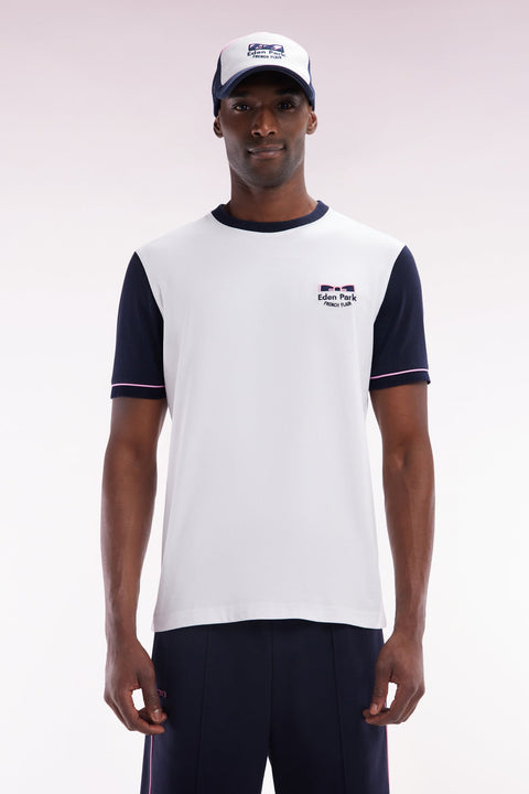 T-shirt bicolore en coton blanc broderie Eden Park French Flair coupe droite - Image 1