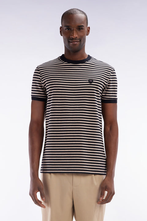 T-shirt en coton stretch rayé beige coupe ajustée - Image 1