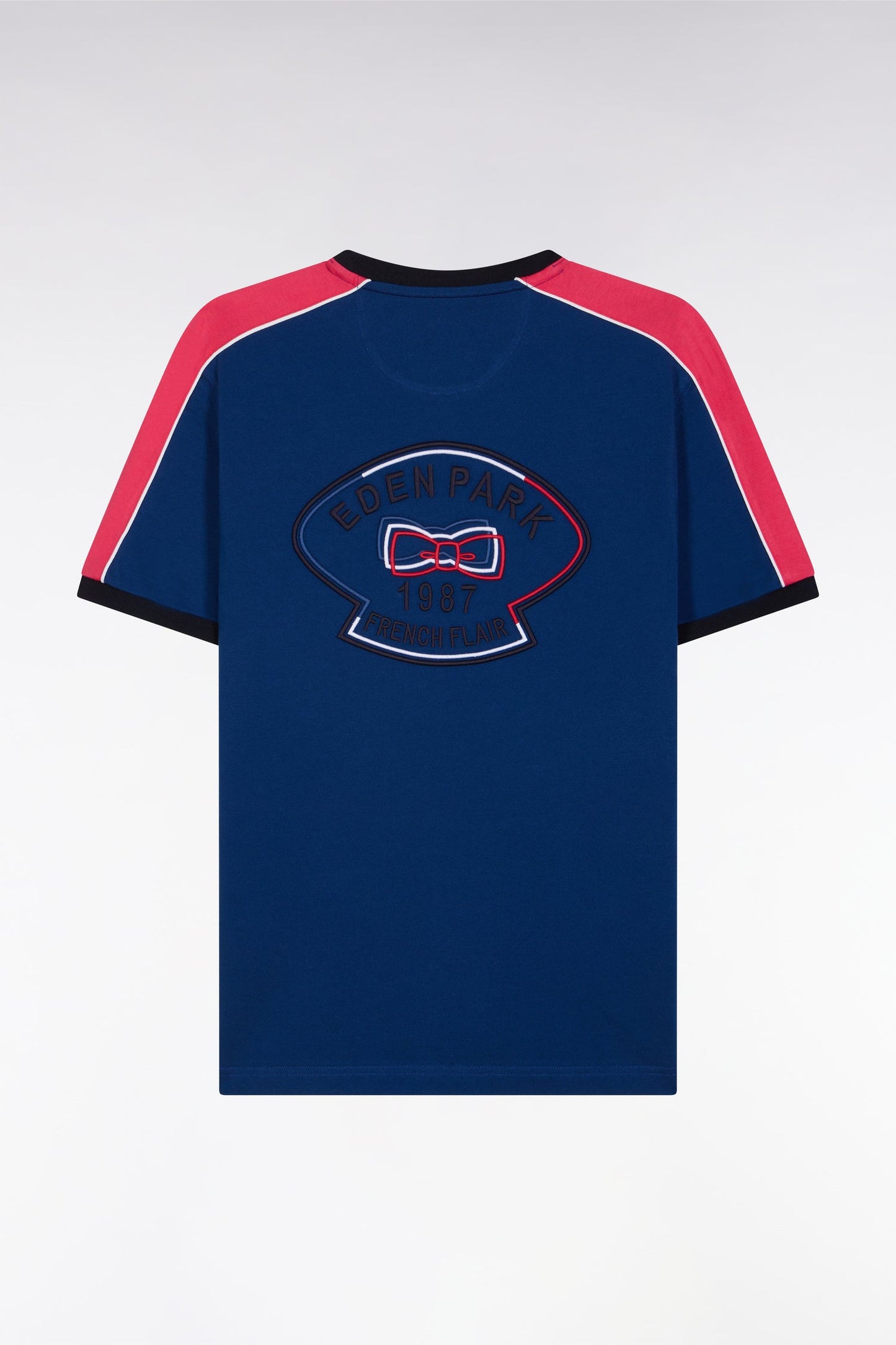 T-shirt en coton bleu foncé broderie dos et découpes coupe droite