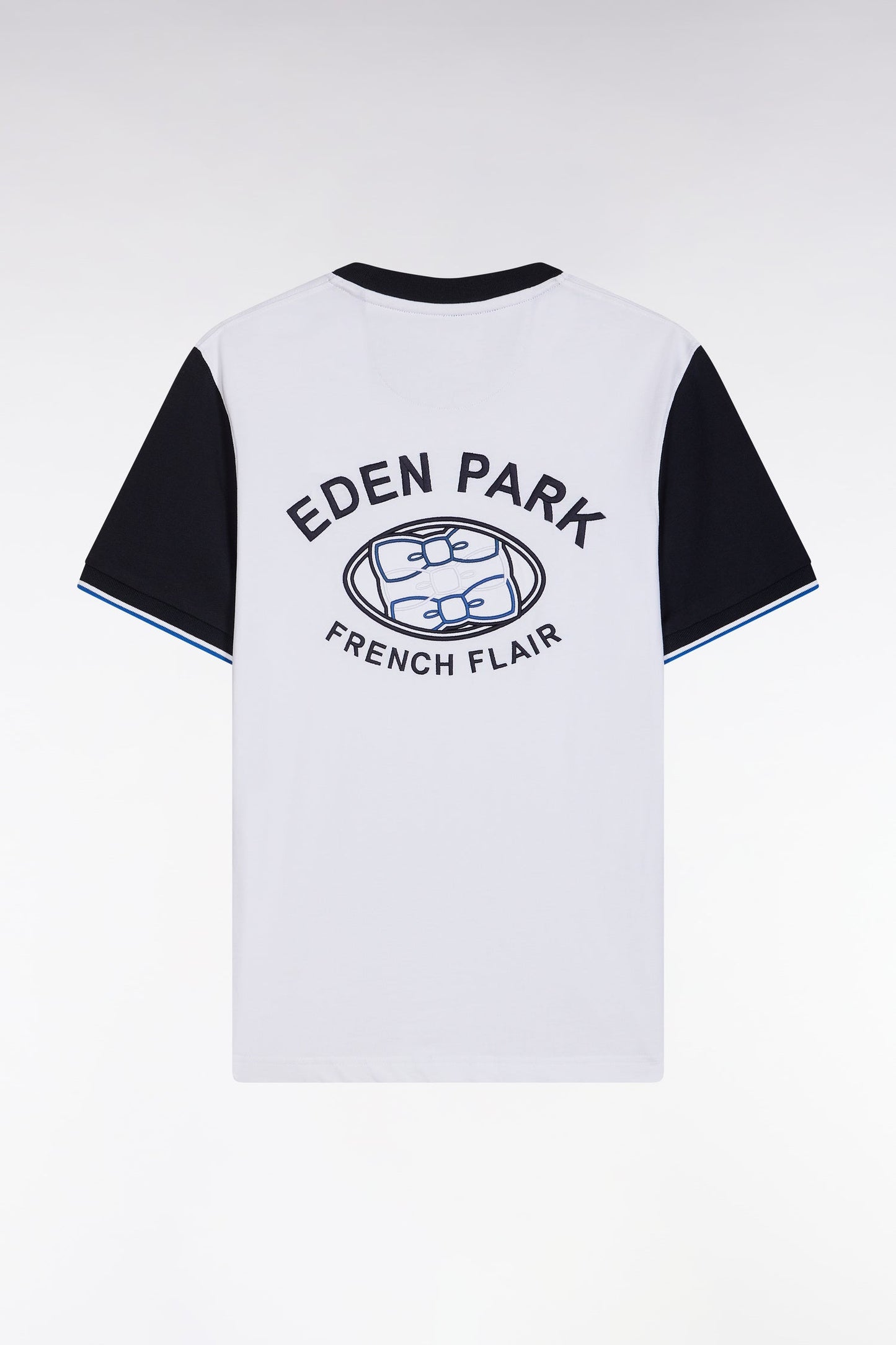 T-shirt en coton blanc et marine broderie dos coupe droite