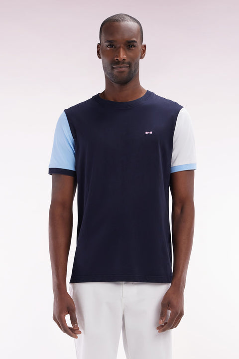 T-shirt colorblock en coton marine broderie 10 coupe droite - Image 1