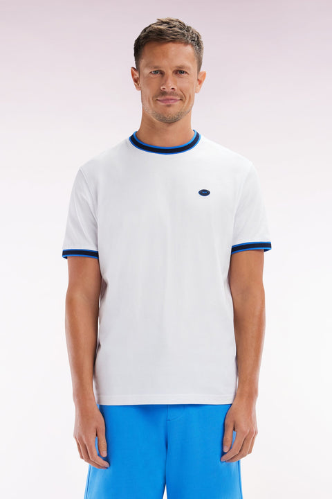 T-shirt en coton blanc à bords-côtes bleus coupe décontractée - Image 1