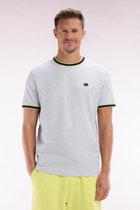 T-shirt en coton gris à bords-côtes verts coupe décontractée - Image 1