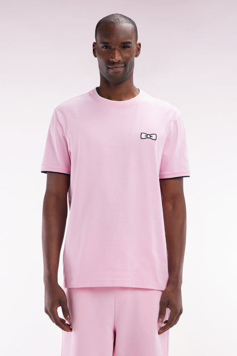 T-shirt en coton rose broderie nœud papillon coupe décontractée - Image 1