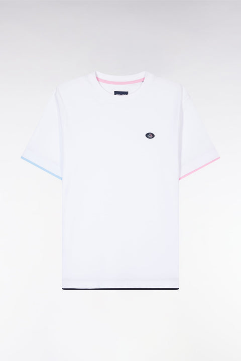 T-shirt uni en coton blanc bordures de manches colorées coupe droite - Image 2