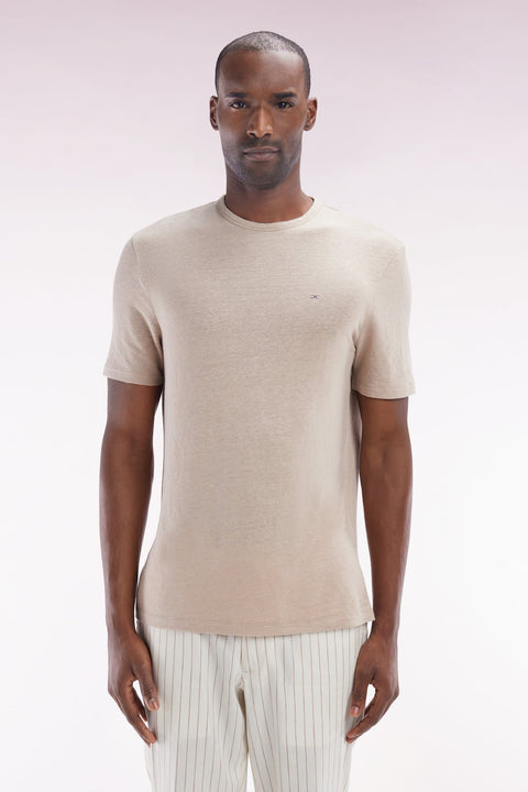 T-shirt uni en lin stretch beige coupe droite - Image 1