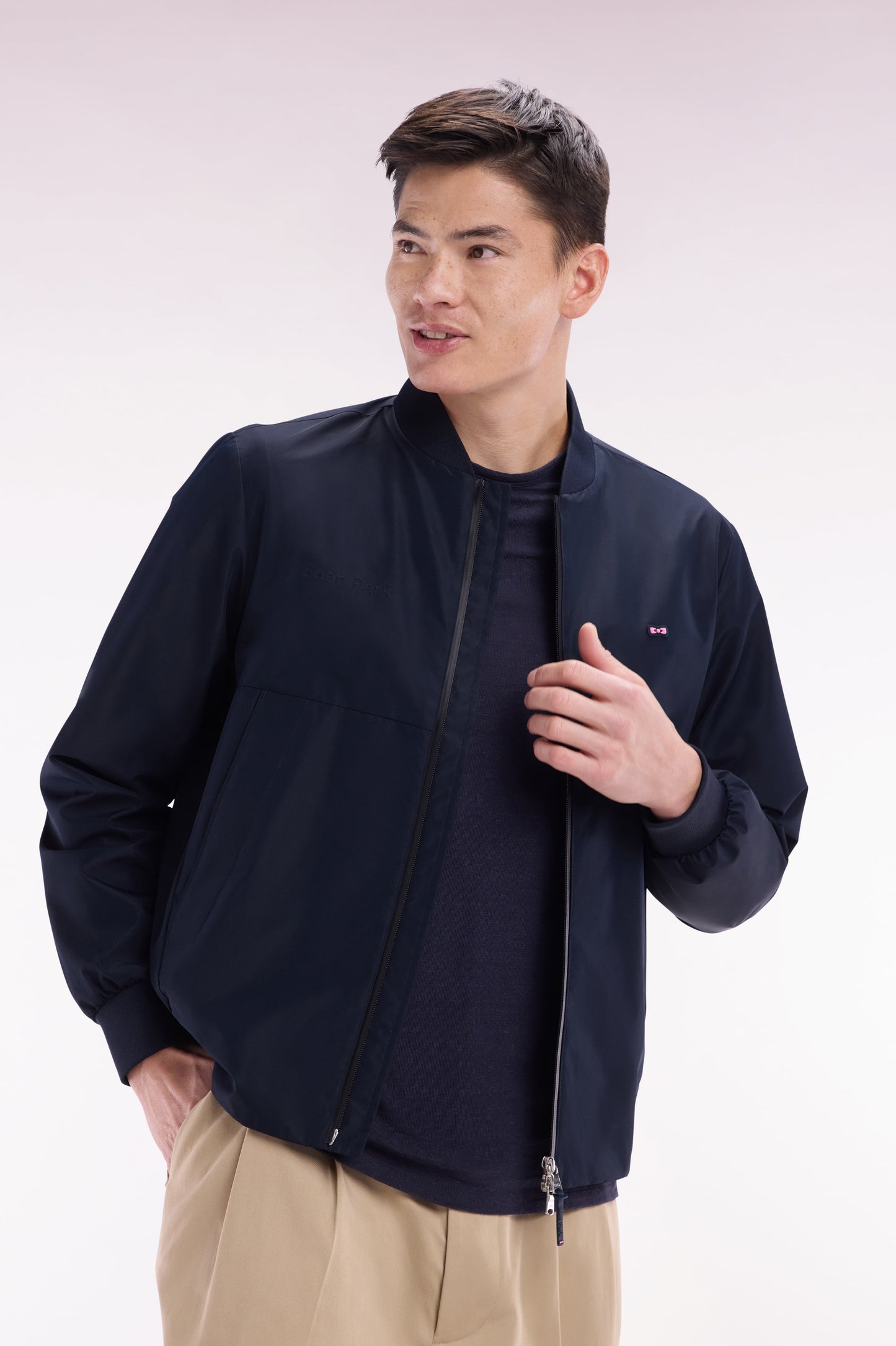Blouson zippé en nylon Soft Touch à col Teddy marine