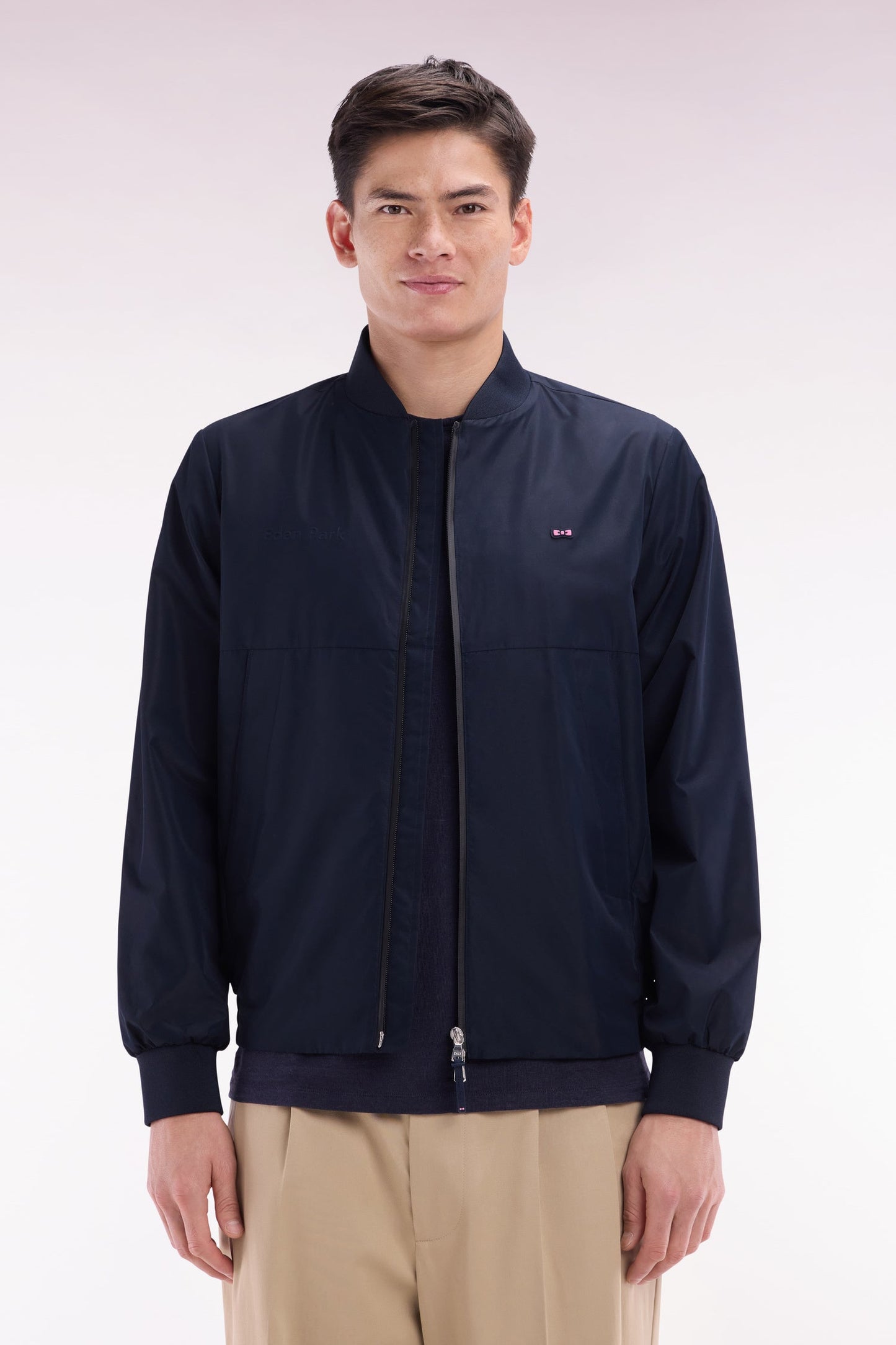 Blouson zippé en nylon Soft Touch à col Teddy marine
