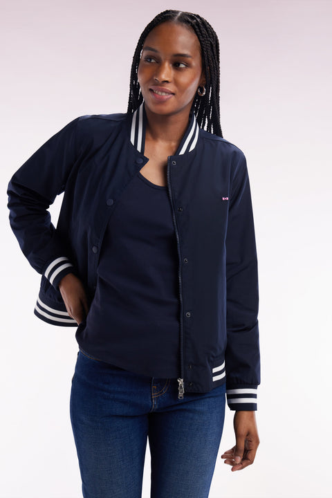 Blouson Teddy zippé marine à bords-côtes rayés - Image 1
