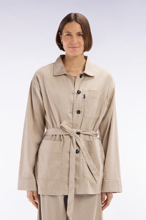 Surchemise ceinturée en lin et coton stretch beige coupe oversized - Image 3