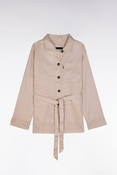 Surchemise ceinturée en lin et coton stretch beige coupe oversized - Image 2