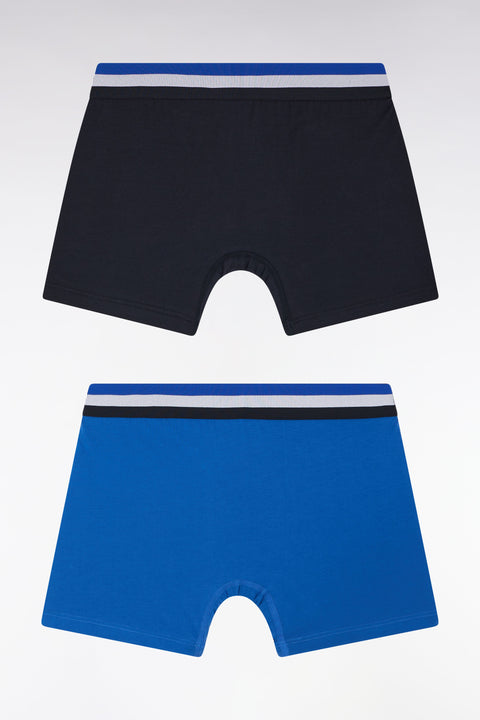 Lot de deux boxers en jersey de coton stretch unis à ceinture élastique tricolore marine et bleu - Image 2