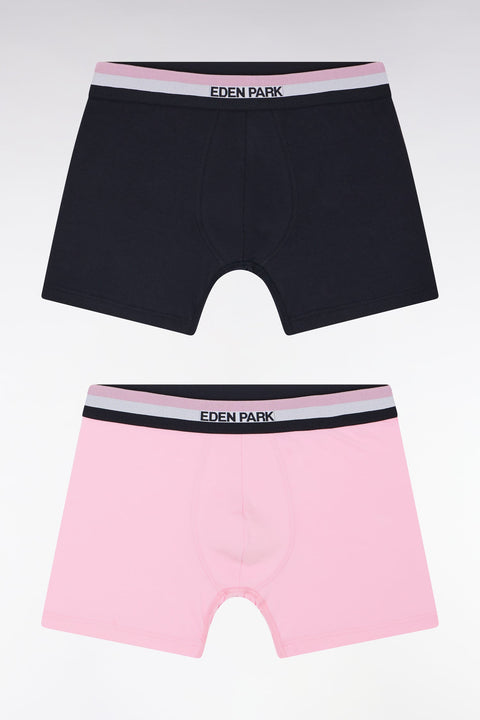 Lot de deux boxers en jersey de coton stretch unis à ceinture élastique tricolore marine et rose - Image 1