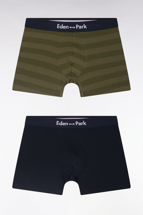 Lot de deux boxers en jersey de coton stretch marine et cerclé kaki - Image 1
