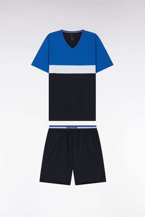 Pyjama court en jersey de coton marine bleu et blanc short à détails rayés - Image 1