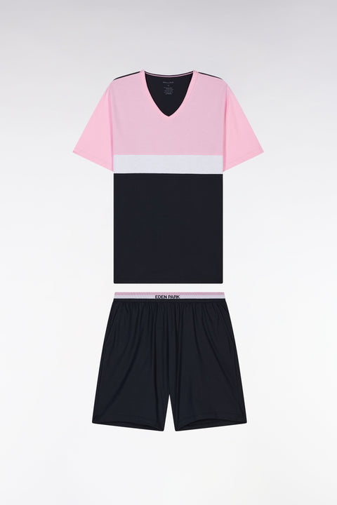 Pyjama court en jersey de coton marine rose et blanc short à détails rayés - Image 1