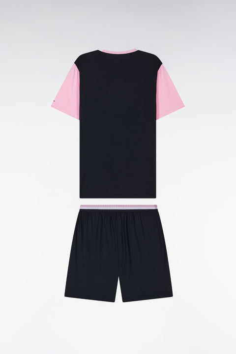 Pyjama court en jersey de coton marine rose et blanc short à détails rayés - Image 2