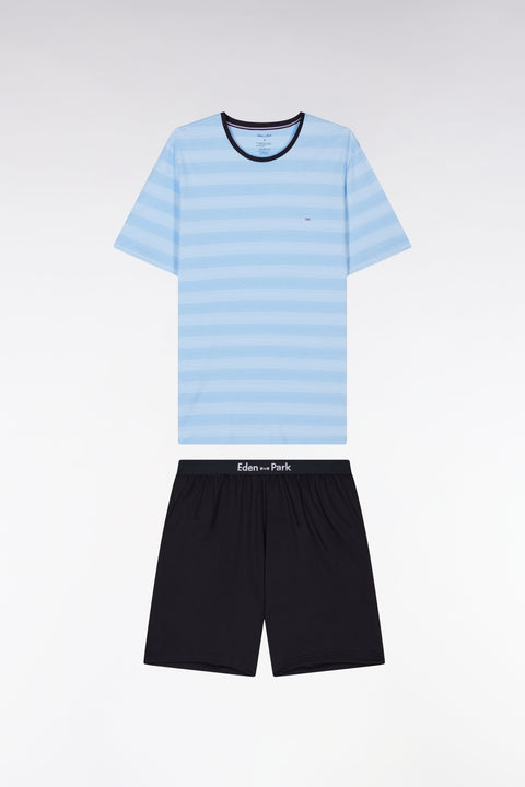 Pyjama court en jersey de coton T-shirt cerclé ciel short marine - Image 1