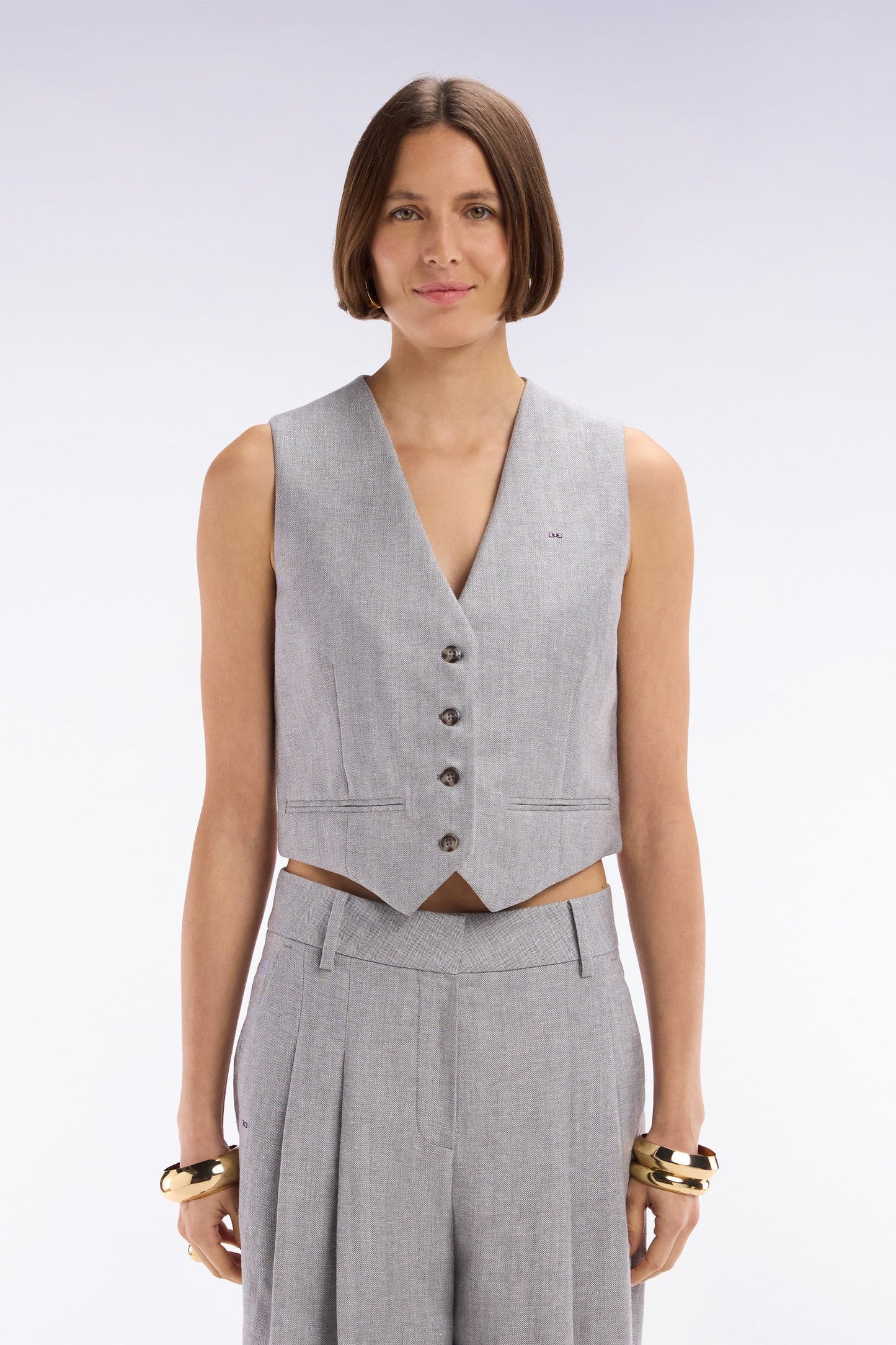 Gilet de costume en twill de lin et laine à chevron gris