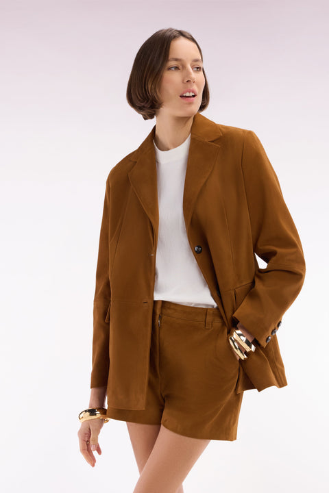 Veste blazer en cuir suédé marron - Image 1