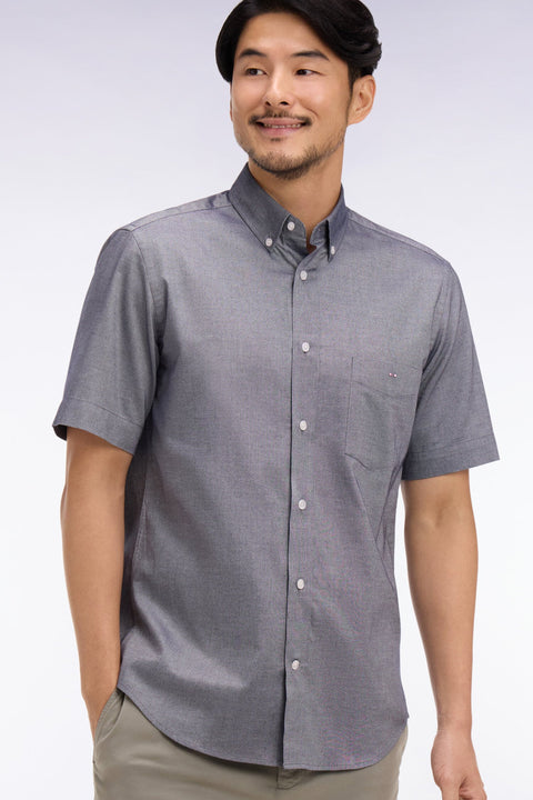 Chemise à manches courtes en coton fil teint marine - Image 1
