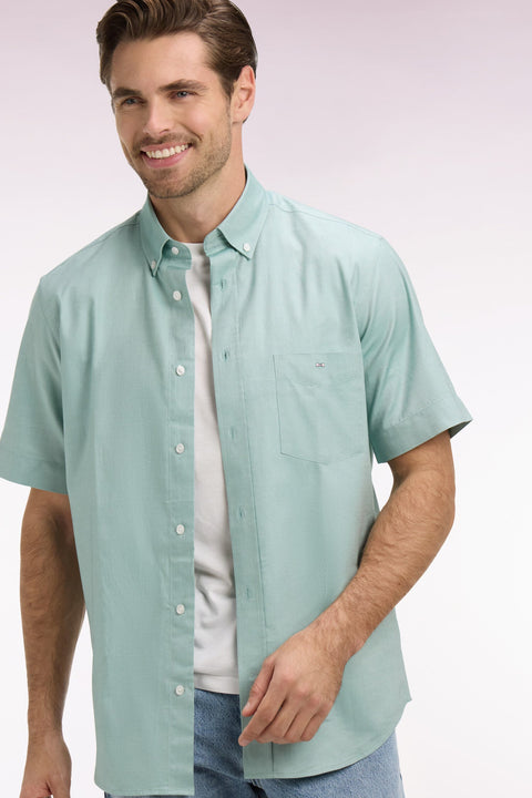 Chemise à manches courtes en coton fil teint vert d'eau - Image 1