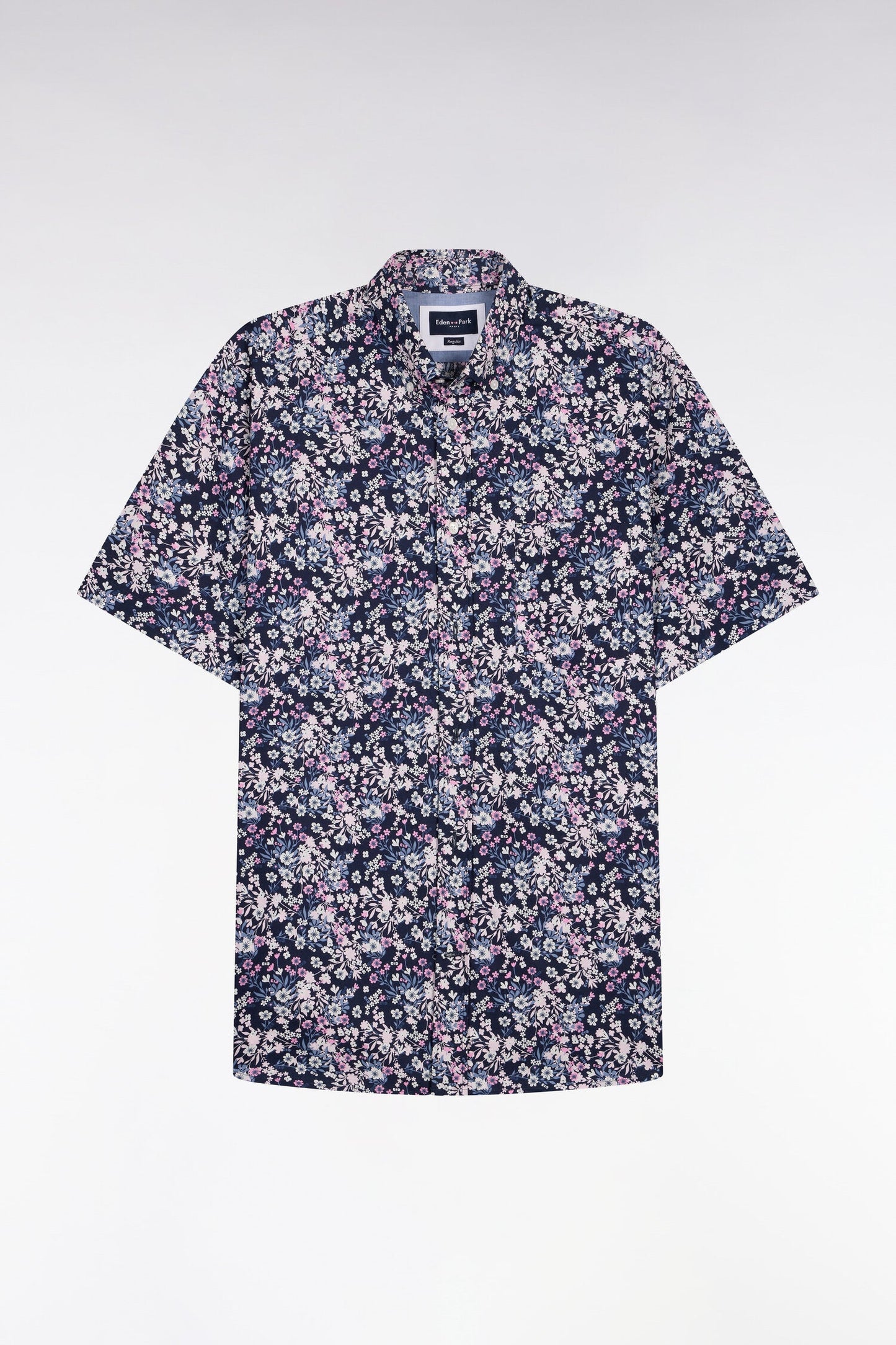 Chemise à manches courtes en popeline et chambray à motif floral rose